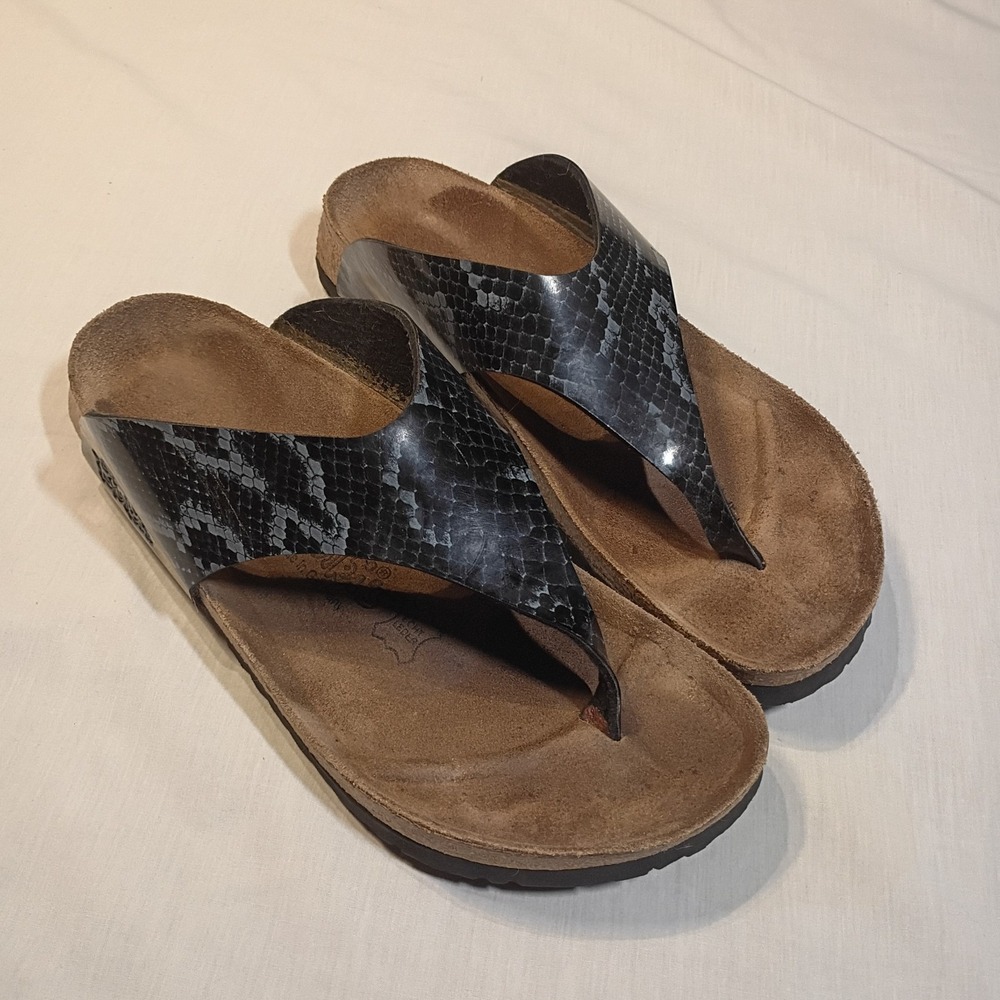 Birkinstock Birki's Thong Sandals 42 Narrow Black Snakeskin Print Women Sz 11